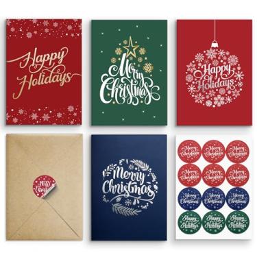 Imagem de Paper Play Cartões de Feliz Natal embalados com envelopes – 50 cartões de Natal enfeitados com 12 x 17 cm com envelopes kraft fáceis de selar e adesivos combinando – Designs sortidos a granel para a época festiva