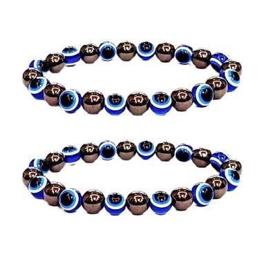 Imagem de WEFRIN Pulseira de olho turco com contas azuis pulseira de hematita pulseira turca da sorte para proteção e bênção (2 peças), 8mm, Resina, Ágata de Botsuana