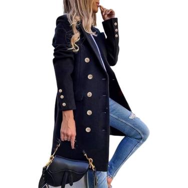 Imagem de Casacos femininos de lã outono inverno duplo breasted midi peacoat trench coats, preto, XXL