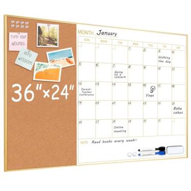 Imagem de ARCOBIS Calendário de quadro branco com quadro de cortiça, quadro branco magnético de 91 x 61 cm, apagável a seco para parede, quadro combinado mensal com moldura dourada para escritório, casa, escola