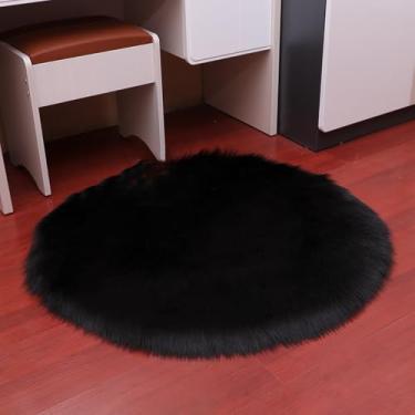 Imagem de Tapetes de pele redondos para quarto, sala de estar, piso, pelúcia felpuda, macio, pele de carneiro sintética, tapete branco para casa, tapete de área, tapetes de cabeceira, preto, diâmetro 60 cm