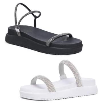 Imagem de Novo Hábito, Kit 2 Sandália Feminina Papete Tira & Papete Tira com Brilho Cor:Preto e Branco;Tamanho:40