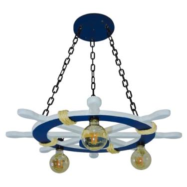 Imagem de Lustre Timão Bocal E-27 Pendente Rústico Víntage Veleiro Marina Casa De Praia Detalhe Sisal (Branco/Azul, M)