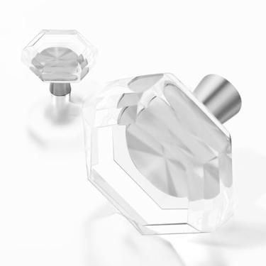 Imagem de CEYMIO Puxadores de latão de cristal, puxador de gaveta de armário de cozinha, formato de corte hexagonal de vidro e base sólida de níquel escovado, puxadores decorativos elegantes para meninas e