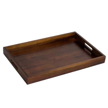 Imagem de Bandeja de servir de madeira de acácia com alças, bandeja de servir de madeira rústica para mesa de centro, mesa otomana, bandeja decorativa marrom para ilha de cozinha, bandeja retangular grande de