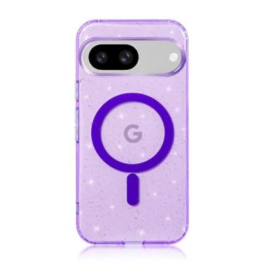Imagem de Tuokiou Capa magnética transparente para Google Pixel 8A, compatível com MagSafe, capa protetora feminina brilhante de cristal de luxo para mulheres, antiamarelamento, à prova de choque (roxa)