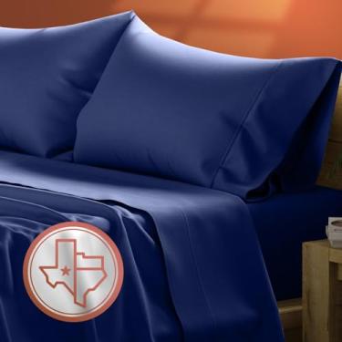 Imagem de TEXAS LINEN CO. Jogo de lençol King Size de algodão egípcio de luxo Califórnia - 600 fios 4 peças com bolso profundo e lençol de cima, lençol de cetim refrescante de qualidade de hotel Cal King - azul