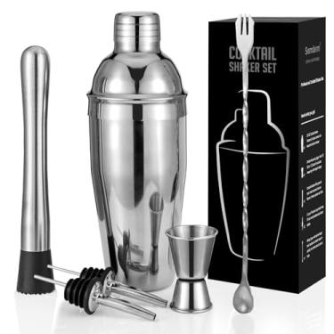 Imagem de Conjunto de coqueteleira, kit de 6 peças para bartender premium coqueteleira: martini Shaker medindo jigger colher de mistura muddler 2 dosadores conjunto de ferramentas de barra com coador de barman integrado para coqueteleira