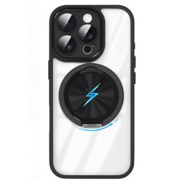 Imagem de Damesine Suporte magnético giratório de 360° para iPhone 14 Pro [painel de acrílico transparente] [borda de silicone à prova de choque] [Compatível com MagSafe] Vem com capa de câmera e película de