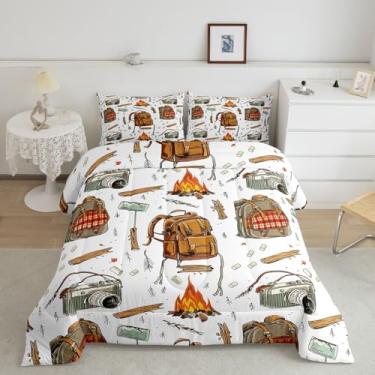 Imagem de Feelyou Conjunto de edredom de acampamento, tamanho casal, acessórios para trailers de viagem, acampamento, mochila, conjunto de edredom com estampa de quarto, jade, branco