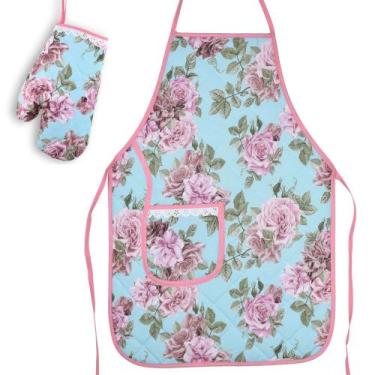 Imagem de Avental De Cozinha Plastificado com Luva Floral Azul - Recanto da Cost