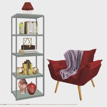 Imagem de Kit Poltrona Fatte com Manta Soft Lilás e Estante Livreiro Ferro Prata mdf Verde Oliva Suede Vermelho - Ahz Móveis