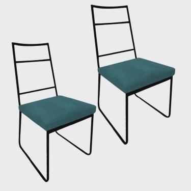 Imagem de Kit 02 Cadeiras Sala de Jantar Escritório Office Stark Industrial Ferro Preto Suede Azul Turquesa - Ahz Móveis