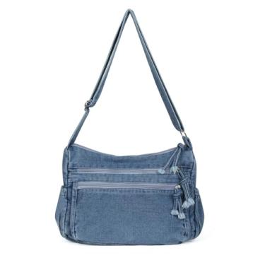 Imagem de ALUSBELL Bolsa jeans grande para mulheres, bolsas jeans leves, bolsa de ombro retrô, bolsas transversais, Azul, One Size