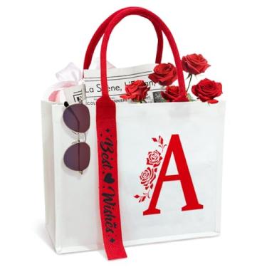 Imagem de OECTVD Sacola de lona com fita inicial personalizada, presente para sua esposa, mãe, amiga, aniversários, casamentos, A, 13.7 x 11.8 x 4.7 inch