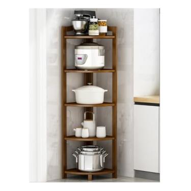 Imagem de TBFAZDEL Estante de canto prateleira de canto prateleira de canto de bambu de 5 camadas estante de canto independente suporte de plantas rack de armazenamento para sala de estar banheiro quarto