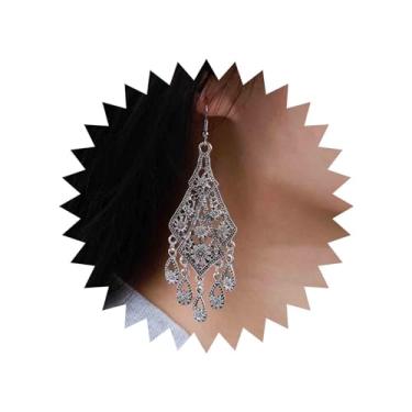 Imagem de Aneneiceera Brincos vintage de filigrana com franja de prata, brincos tribais vazados de filigrana, brincos de corrente longa, brincos ciganos, joias femininas, Metal Prata Pérola