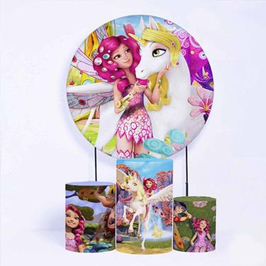 Imagem de Kit Painel de Festa Redondo de 1,80m e Trio de Cilindros Mundo Mia - Fera Print