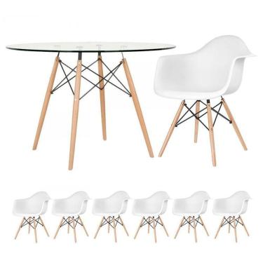 Imagem de Mesa Redonda Eames Com Tampo De Vidro 120 Cm + 6 Cadeiras Eiffel Daw Branco Branco