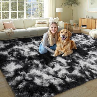Imagem de KING DARE Tapetes de área preto e branco de 20 x 25,4 cm, tapete grande felpudo felpudo macio para sala de estar, antiderrapante, lavável, moderno, grande, tapete para quarto, decoração de casa