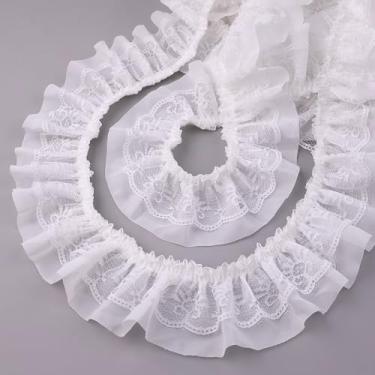 Imagem de GXTIZAS Fita de tule de renda branca de chiffon plissado de camada dupla com 6 cm de largura, acabamento elástico, sem rugas, caixa para costura DIY, roupas, decoração de fronhas (5 jardas)
