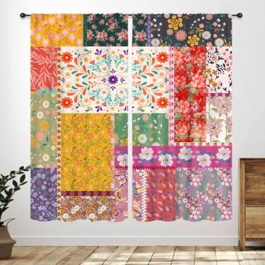 Imagem de Cortinas Boho Patchwork, Primavera Colorida Casa de Fazenda Boêmio Country Retro Floral Rural Chalé Quarto Sala de Estar Cozinha Janela Cortinas 53 cm L x 137 cm C, Conjunto de 2 Painéis