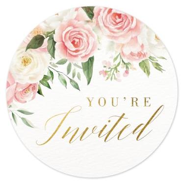 Imagem de Mobiusea Creation Adesivos de convite de casamento florais rosa | 3,5 cm | Folha dourada | 108 peças adesivos de envelope à prova d'água para chá de panela, aniversário, chá de bebê e festa