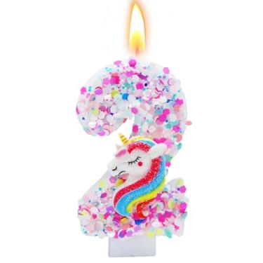 Imagem de woiodora Vela de aniversário número 2 de 7 cm, decorações de aniversário de unicórnio para topo de bolo, suprimentos de festa com tema de desenho animado (número 2)