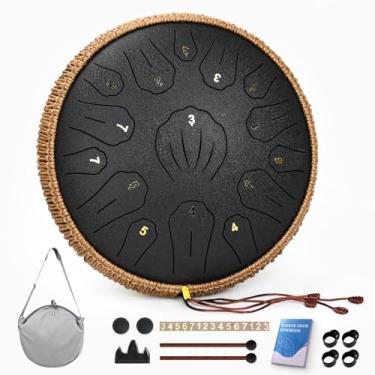 Imagem de Tambor de língua de aço - Tambor de língua de 33 cm com 15 notas, instrumento musical de mão para adultos e crianças, tambor de aço com livro de música, instrumentos de bateria de aço com martelo e