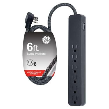 Imagem de GE UltraPro Protetor contra sobretensão de 6 saídas, cabo de extensão trançado designer de 1,8 m, 560 Joules, plugue plano, suporte de parede, certificação UL, preto, 45271