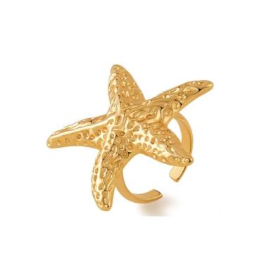 Imagem de Anel vintage grande estrela do mar para mulheres moderno retrô banhado a ouro anéis de dedo aberto moda grosso grande estrela do mar ajustável oceano empilhável banda confortável boêmio verão férias