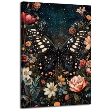 Imagem de Borboleta sob o céu estrelado arte de parede em tela floral escuro borboleta decoração de parede imagens Moody vintage botânico mariposa impressão gótico escuro Academia pintura decoração 30 x 40 cm