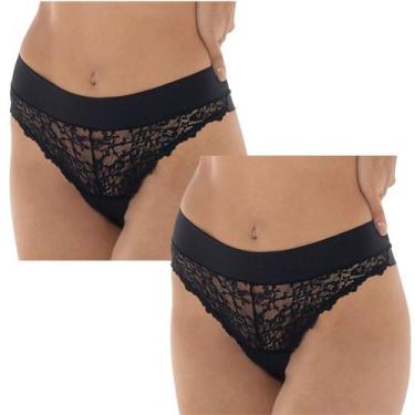 Imagem de Kit 2 Calcinhas Fio Dental Vanille DeMillus Renda Cós Duplo, Preto, GR