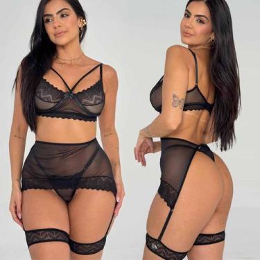 Imagem de Conjunto Lingerie Meia Taça Cinta Liga Sem Bojo Renda Calcinha fio - L