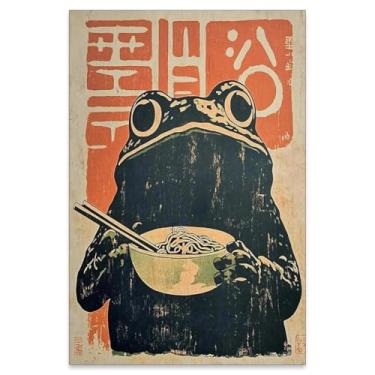 Imagem de Pôster de parede engraçado sapo comendo ramen vintage impressões japonesas decoração de cozinha exclusiva arte 40,6 x 61 cm sem moldura para sala de jantar, quarto ou sala de estar