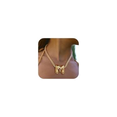 Imagem de CLASSYZINT Colar feminino com pingente de letra M com bolhas douradas, corrente de corda ajustável, joia boho, colar em camadas, presente de aniversário para ela, Medium, Latão, Sem Pedra Preciosa