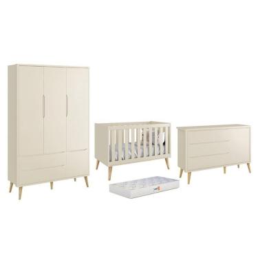 Imagem de Dormitório Theo 3 Portas Areia Fosco Com Pés Madeira Natural E Colchão D18 Branco - Rel...