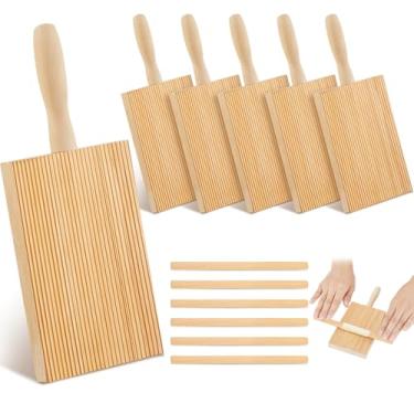 Imagem de Tessco for you Conjunto de 6 tábuas de nhoque de madeira para massa, madeira de faia, 21 cm, com 6 peças, rolo, nhoque, ferramentas para fazer massas, para ideias de presentes de cozinha caseiros