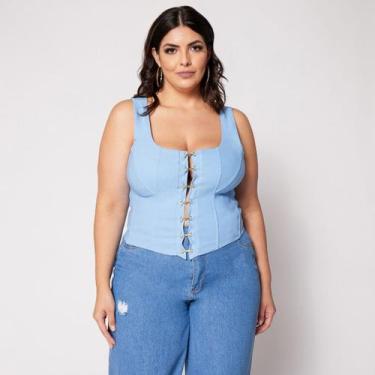 Imagem de Blusa Cropped Plus Corset com Colchetes e Bojo Azul Claro - Sal Do Mar