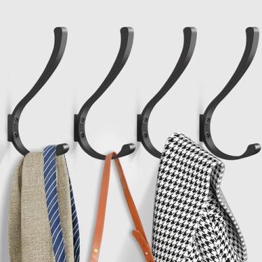 Imagem de Ganchos de parede para pendurar, pacote com 4 ganchos grandes e resistentes para revestimento de parede, cabide de metal preto, ganchos duplos, ganchos de parafuso para pendurar roupas, toalha,