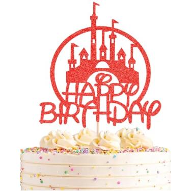 Imagem de Castle Birthday Cake Topper - Red Glitter Castle Theme Birthday Party Cake Decoration Supply - Princess Prince Happy Bday Cake Topper Photo Prop