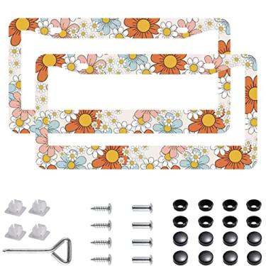Imagem de 2 peças 7 cores flores molduras de placa de licença suportes de tampa de aço inoxidável padrão boho capa de placa de licença com tampa de parafuso e conjunto de chave de fenda - 2 furos para meninas mulheres (padrão boêmio)