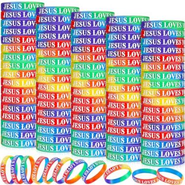 Imagem de Lewtemi 100 pulseiras Jesus Loves You pulseira cristã de silicone a granel pulseiras coloridas de borracha motivacional pulseiras de borracha para homens e mulheres lembrancinhas de festa, Silicone