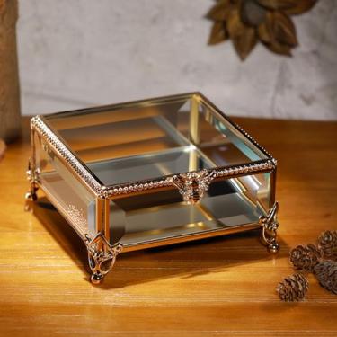 Imagem de DHCGPP Caixa Retangular Vintage De Vidro Para Joias Com Tampa Articulada, Anel Joias, Pulseira, Metal Exposição Souvenirs, Armazenamento Transparente (13,2 X 13,2 6,9 Cm)