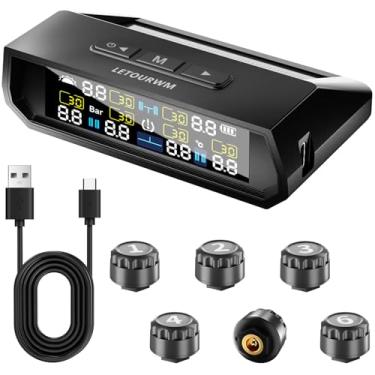 Imagem de Sistema de monitoramento de pressão de pneu RV - TPMS 2025 Upgrade monitor de pressão de pneu com 6 sensores, carga solar e display LCD colorido USB tipo C, faixa de 0-9,9 BAR/144PSI, 6 modos de