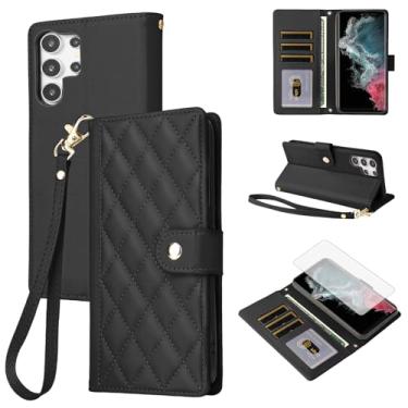 Imagem de Furiet Capa carteira para Samsung Galaxy S25 Ultra 5G com protetor de tela de vidro temperado e alça de pulso destacável, slots de cartão de couro PU, capa de telefone fólio para S25Ultra 25S S 25