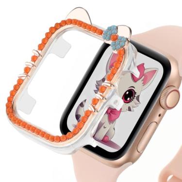 Imagem de Capa protetora de desenho animado compatível com Apple Watch Series 9, 8, 7, 41 mm, 45 mm, séries 6, 5, 4, SE 2, 40 mm e 44 mm, capa protetora de gato fofo, protetor de policarbonato rígido