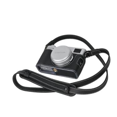 Imagem de Capa X100VI, capa BMAOLLONGB feita à mão em couro legítimo de metal para metade da câmera para Fujifilm X100VI (preta, com alça de pescoço)