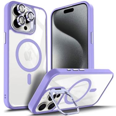 Imagem de YZB Capa projetada para iPhone 16 Pro Max, magnética compatível com MagSafe, suporte embutido e capa de lente de câmera, proteção contra quedas e arranhões, traseira cristalina antiamarelamento, roxo