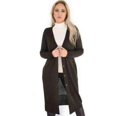 Imagem de Casaco Feminino Longo Tricot Livora c/ Botões e Bolsos Cor:PretoTamanh